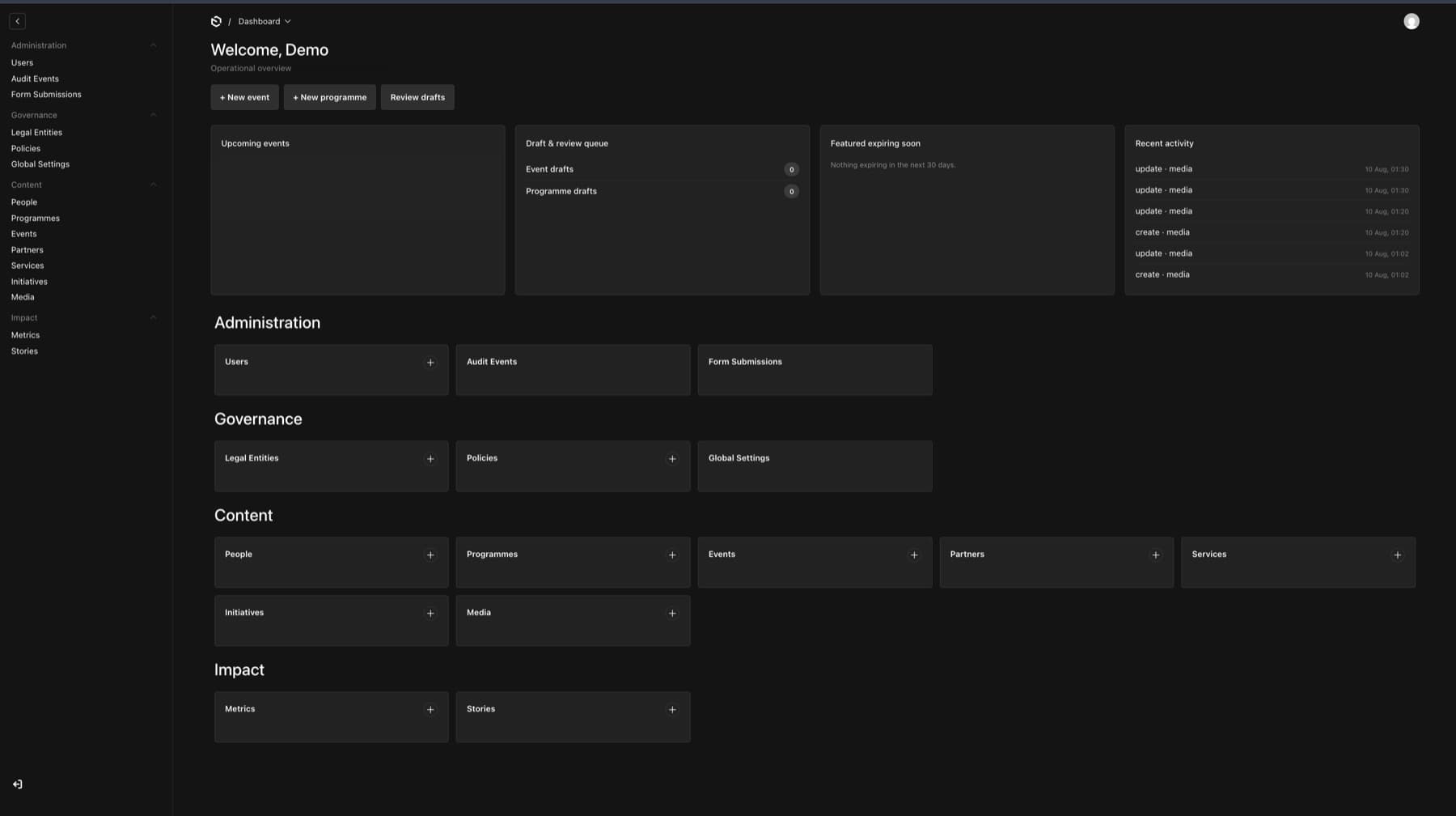 The CMS dashboard. Collections are grouped under Administration, Governance, Content and Impact, alongside panels for upcoming events, a draft and review queue, and a recent activity log.