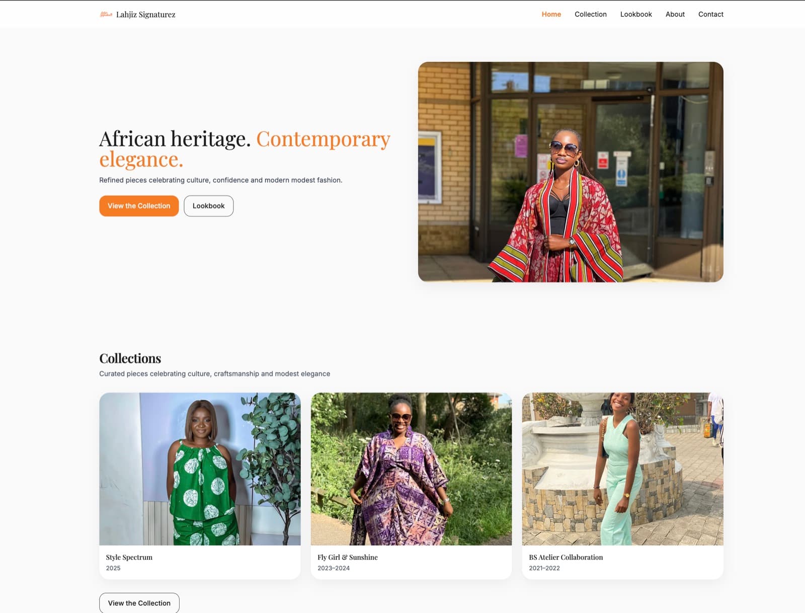 Fashion brand homepage with an editorial hero photograph, and three collections presented as dated chapters rather than a product grid.