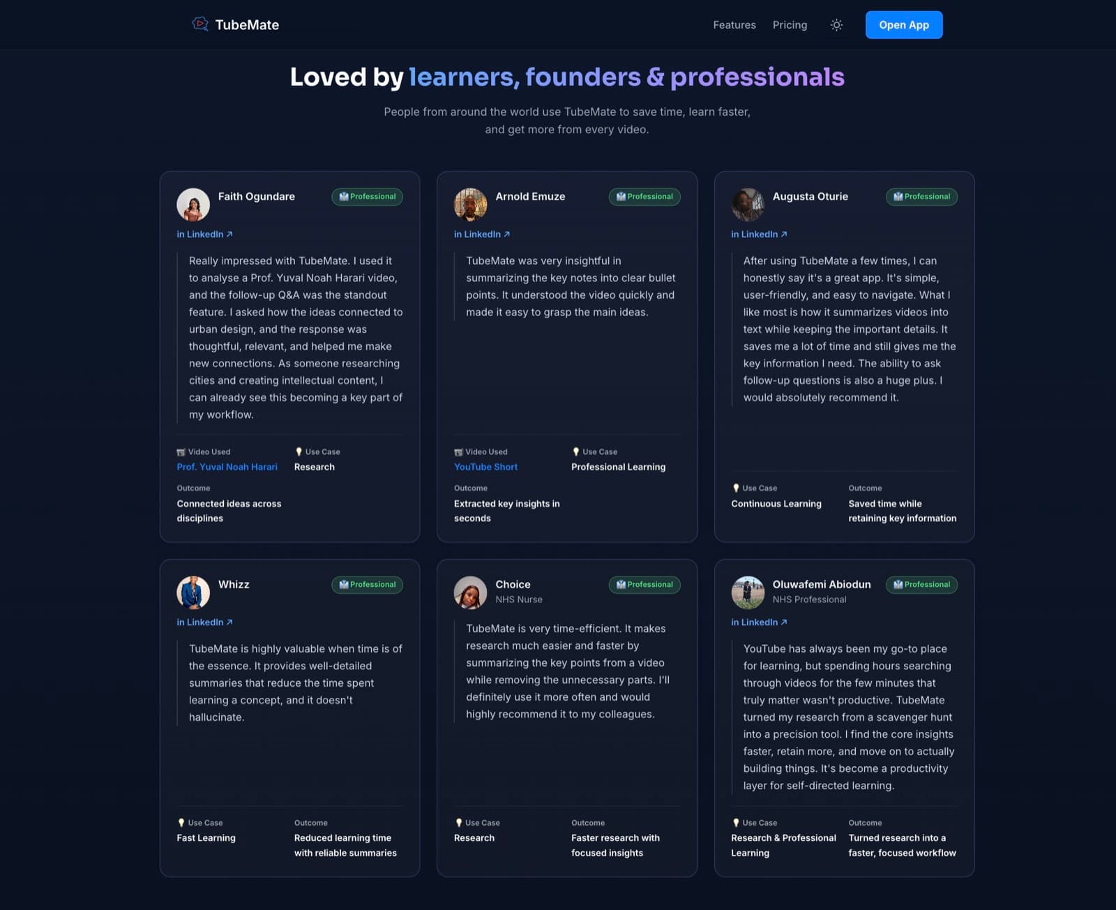 A grid of six user testimonials, each naming the person, the video they used and the outcome they got.