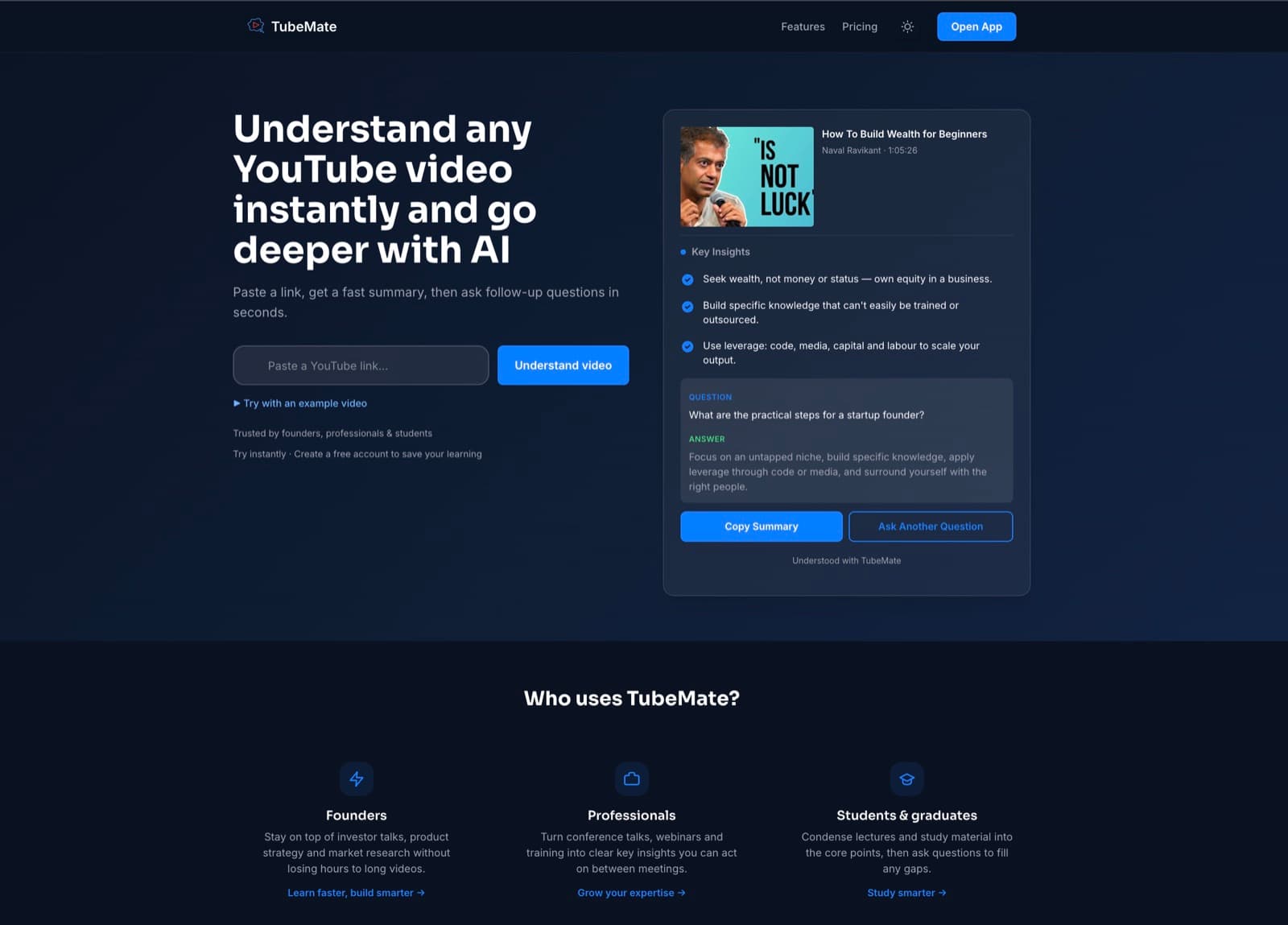 TubeMate landing page. A summary panel shows Key Insights as three bullet points, followed by a question and a grounded answer drawn from the video.